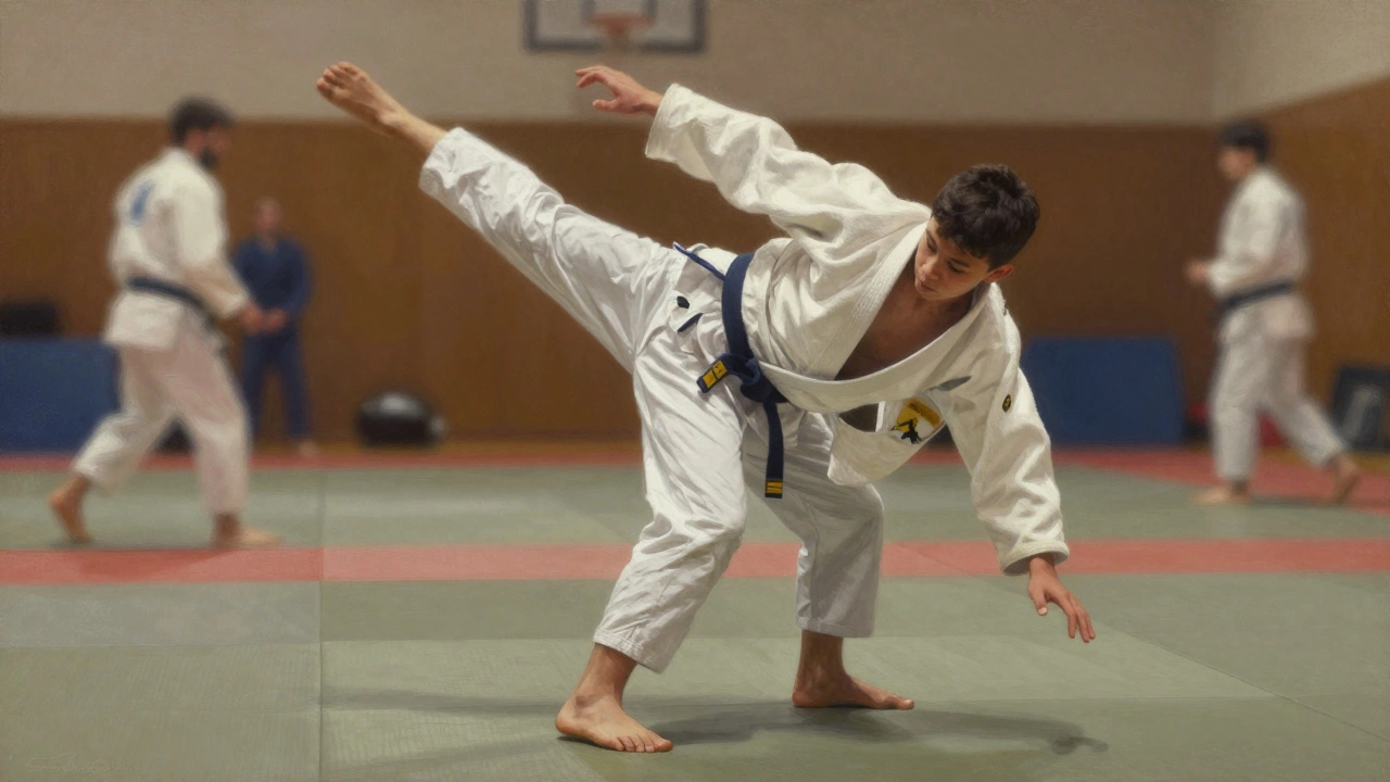 Мальчик легче соперника использует технику для выполнения броска в дзюдо.