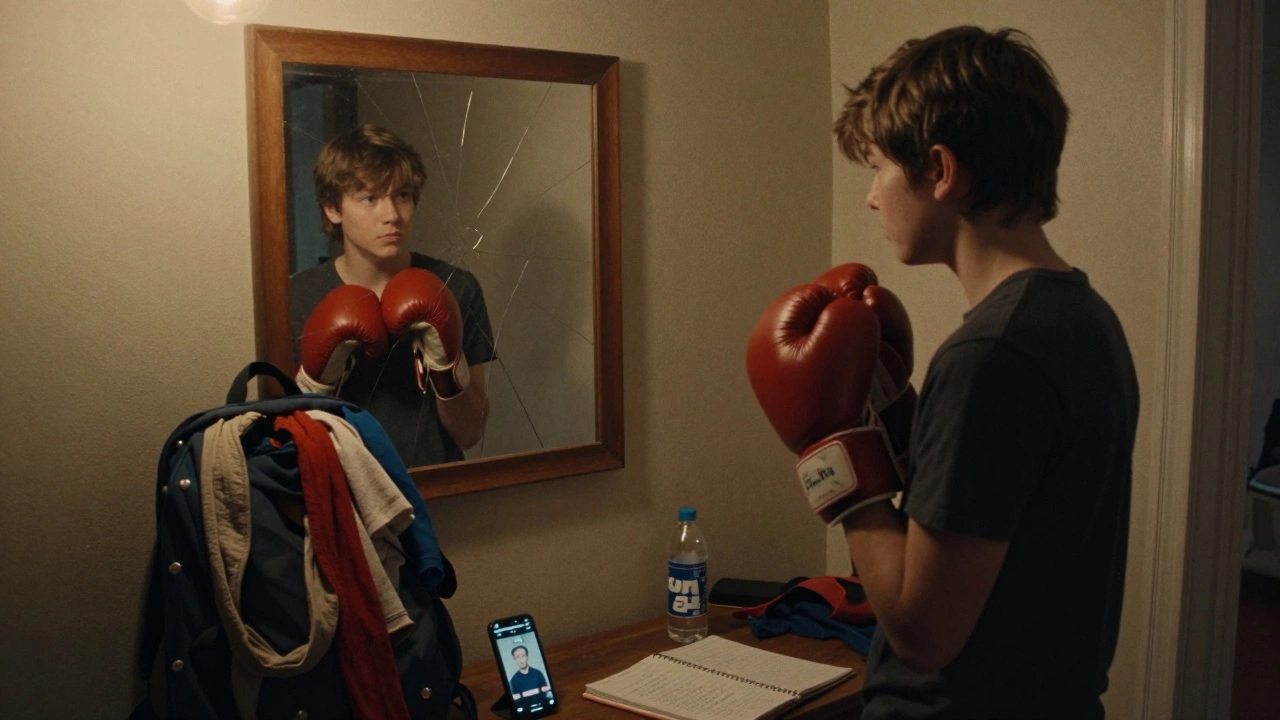 Молодой человек смотрит в зеркало с перчатками в руках, рядом — рюкзак как мешок и телефон с видео.