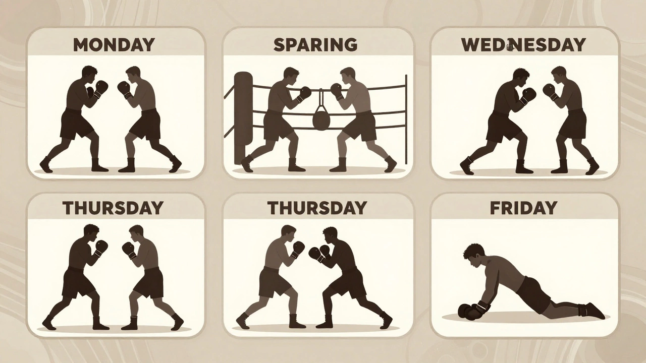 Недельный график тренировок по боксу, показанный через силуэты спортсменов.