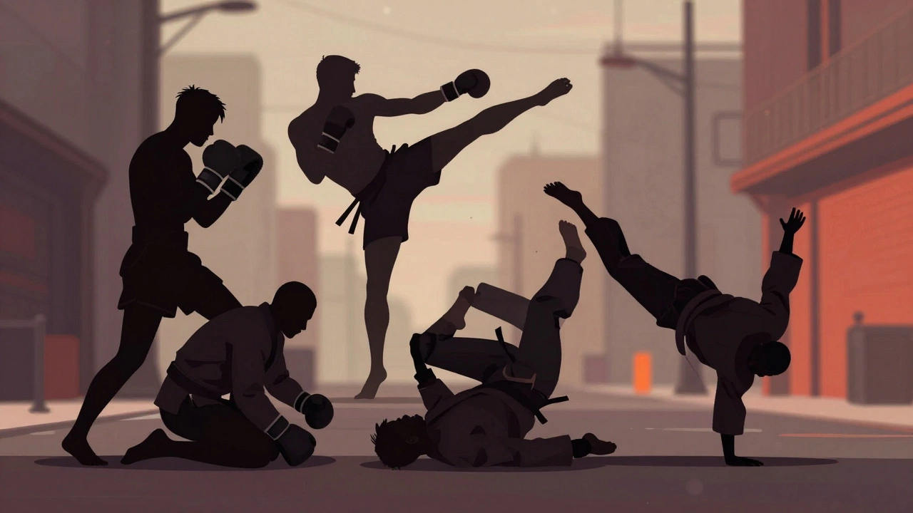 Пять стилей боевых искусств в виде силуэтов, символизирующих удары, броски и уклонения.