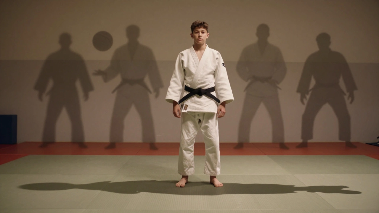 Подросток с идеальной осанкой, чья тень выглядит как удлиненная версия его тела, на фоне силуэтов других видов спорта.