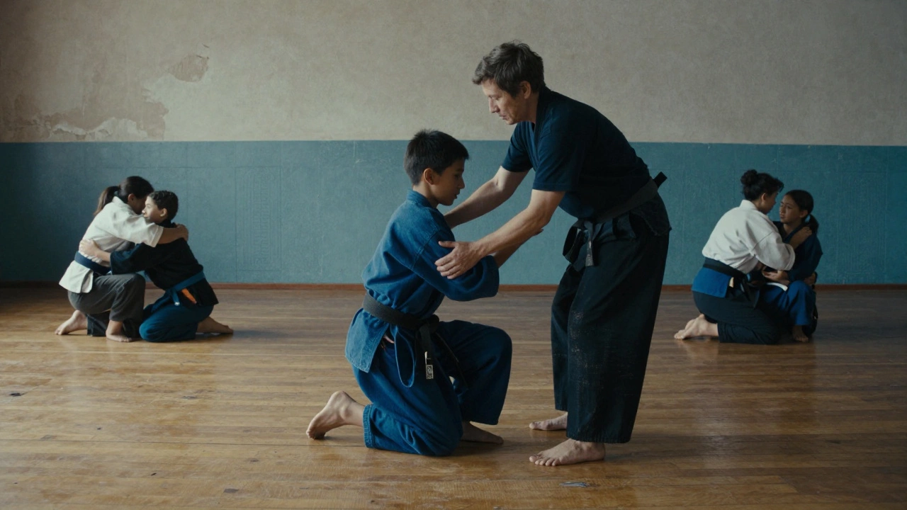 Разные возрасты тренируются вместе в простом додзё, проявляя уважение и поддержку.