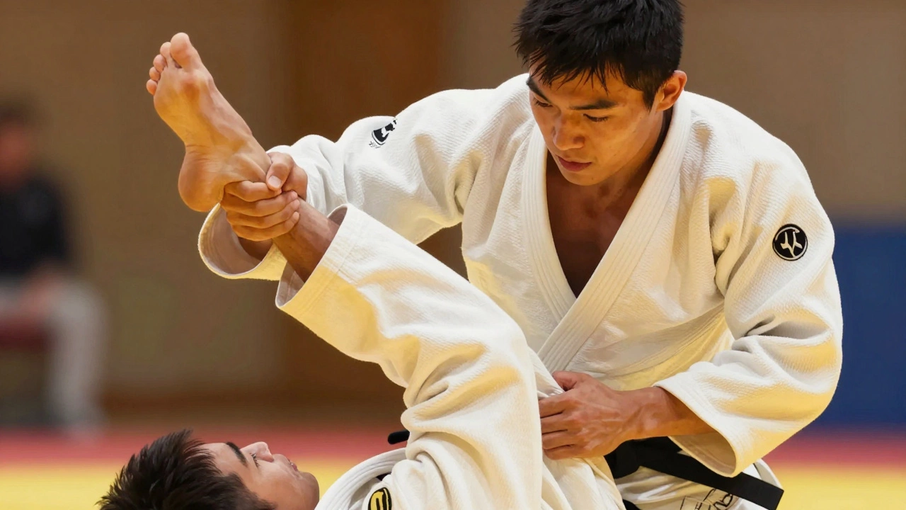 Руки дзюдоиста в движении, удерживающие противника — напряженные, но гибкие мышцы, фокус на технике, а не силе.