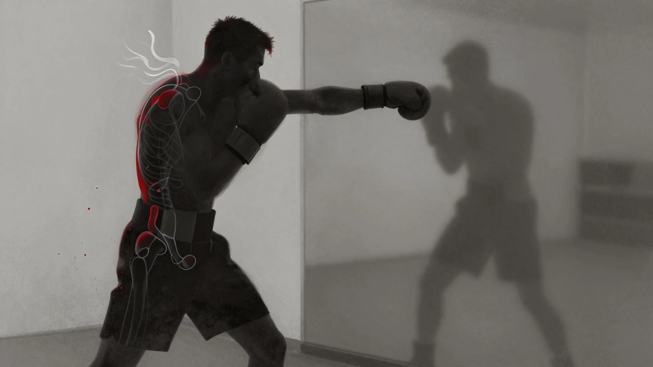 Силуэт боксёра в движении с визуализацией правильной техники удара: поворот бёдер, выдох, вытянутая рука.