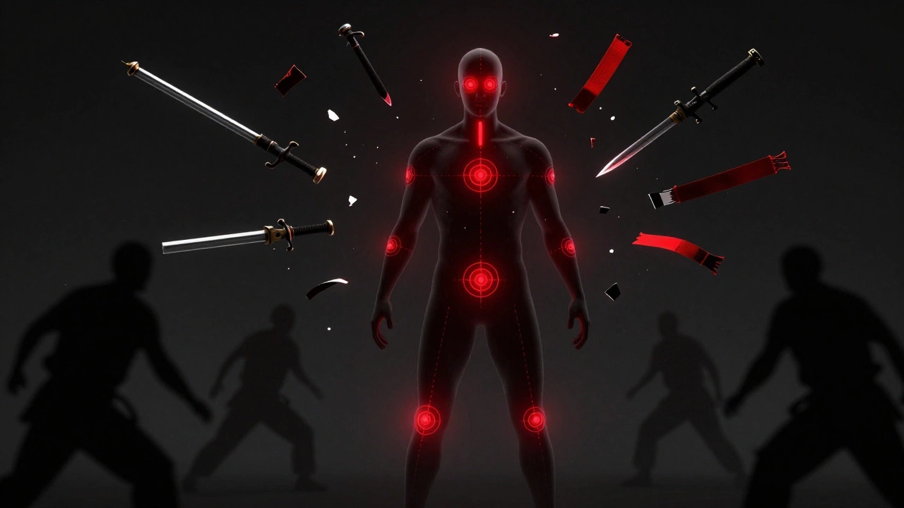 Силуэт человека с подсвеченными уязвимыми точками в темноте.