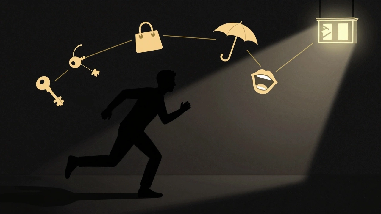 Силуэт человека убегает, вокруг — символы самозащиты: ключи, сумка, крик, выход — все указывает на спасение.