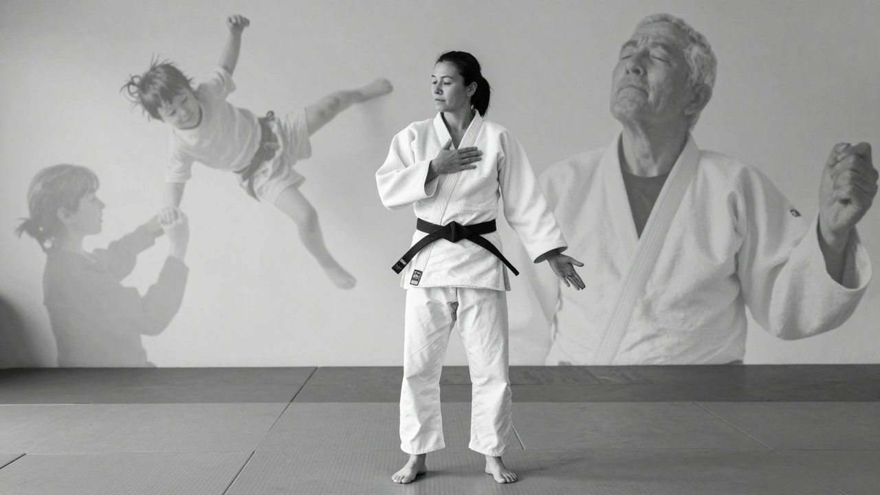 Женщина на ковре в дзюдо, выражение спокойствия, за ней — силуэты людей, поддерживающих друг друга.