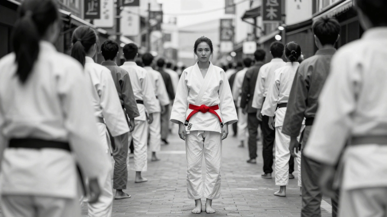 Женщина спокойно стоит в толпе, сохраняя дистанцию и внутренний контроль.