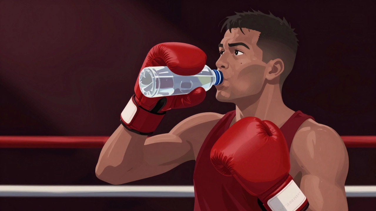 Боксер пьет электролитный напиток перед боем в ринге с напряженной атмосферой