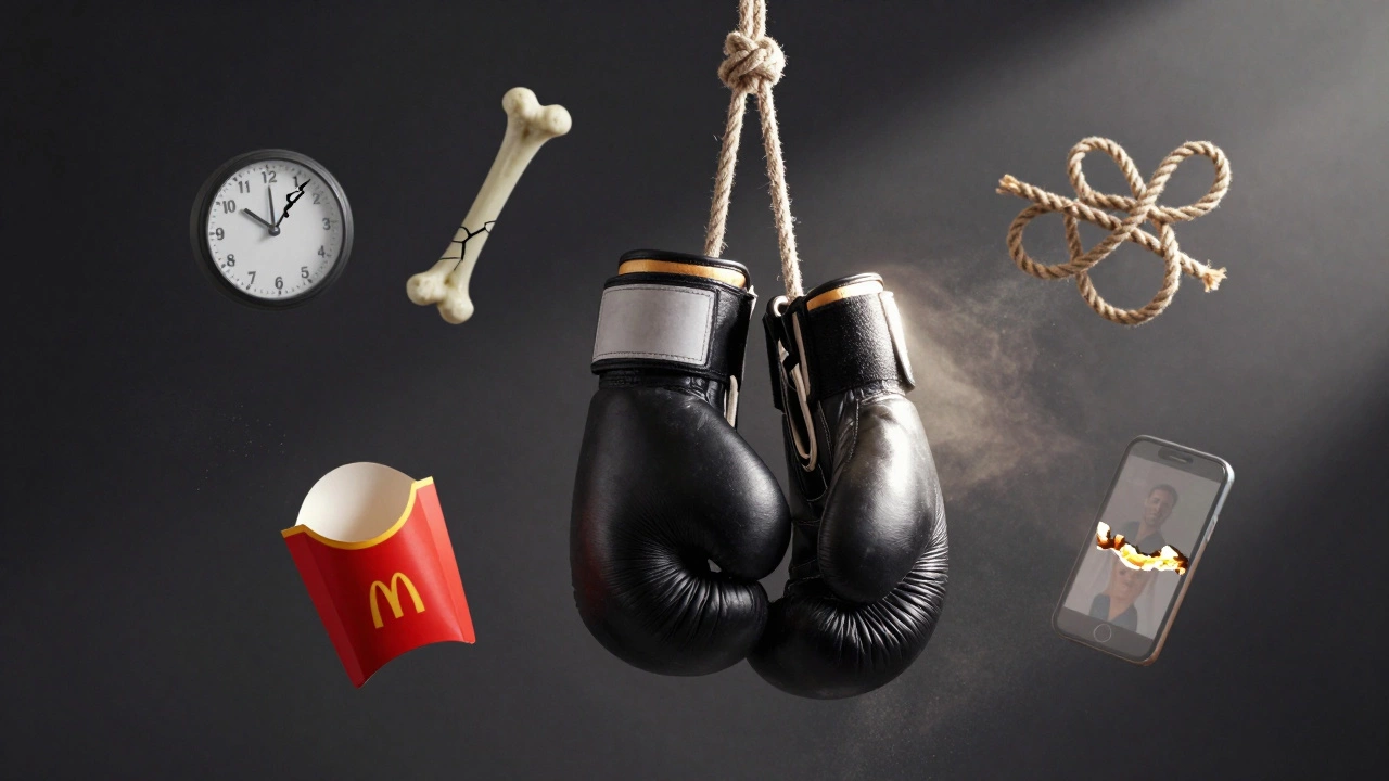 Боксёрская перчатка в центре, вокруг — символы ошибок, которые исчезают, оставляя только правильную тренировку.