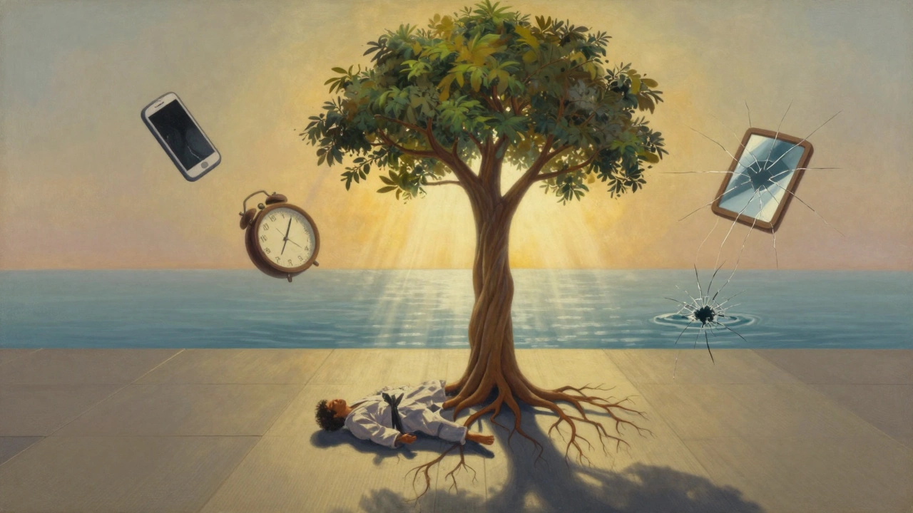 Человек встает после падения, его тень превращается в дерево, вокруг — символы стресса и сомнений, растворяющиеся в спокойной светлой ауре.
