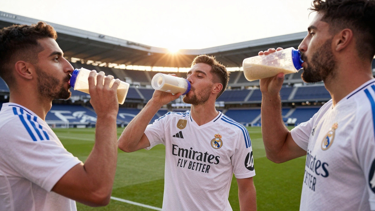 Футболисты пьют протеиновый коктейль после матча на закате стадиона