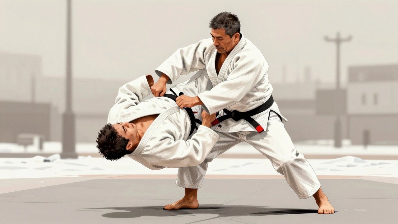 Мужчина в кимоно использует технику броска, переворачивая более тяжелого соперника, акцент на физике движения и балансе.