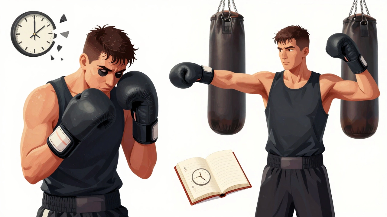 Разделённая сцена: уставший боксёр против спокойного, с правильным режимом сна и тренировок.
