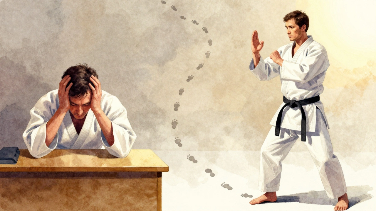 Сравнение: мужчина до и после занятий каратэ — в одном кадре — показывает внутреннее преображение.