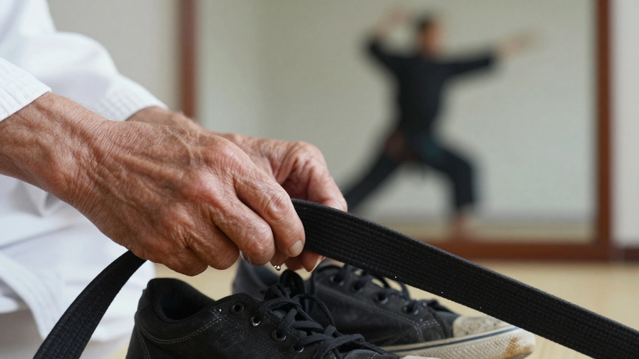 Стареющие руки держат черный пояс поверх кроссовок — символ начала нового пути без слов.