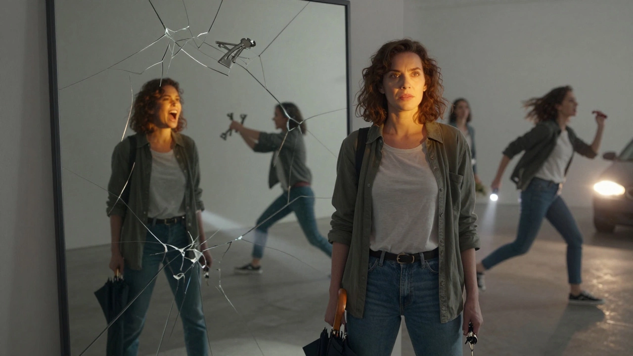 Женщина смотрит в зеркало, где отражаются разные сцены ее тренировок по самообороне: крик, удар ключами, бег к машине.