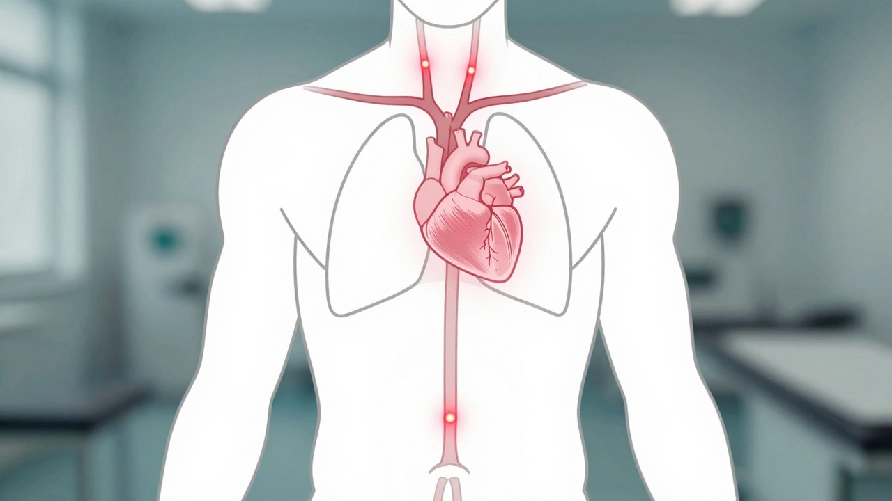Анатомическая схема тела с подсвеченными смертельными точками: шея, грудь и пах.