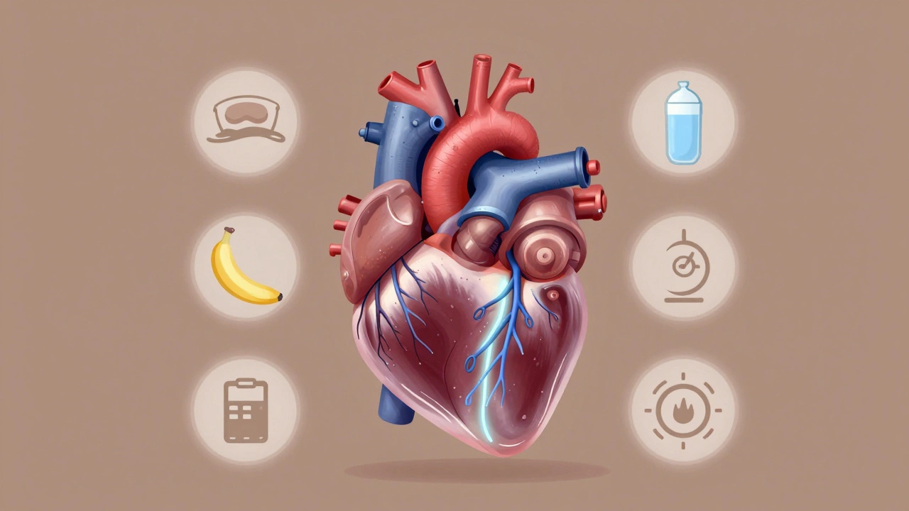 Артистичное изображение сердца как эффективного двигателя с символами отдыха и питания.