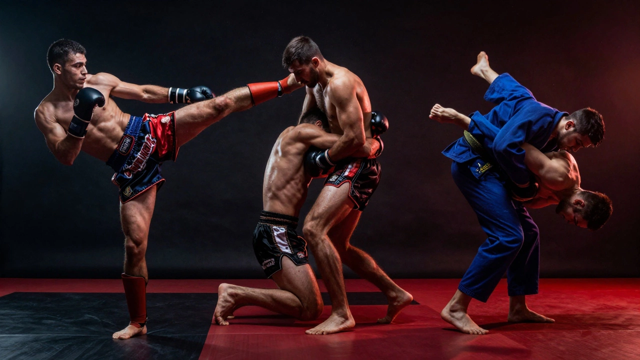 Бойцы разных стилей единоборств в динамичных позах