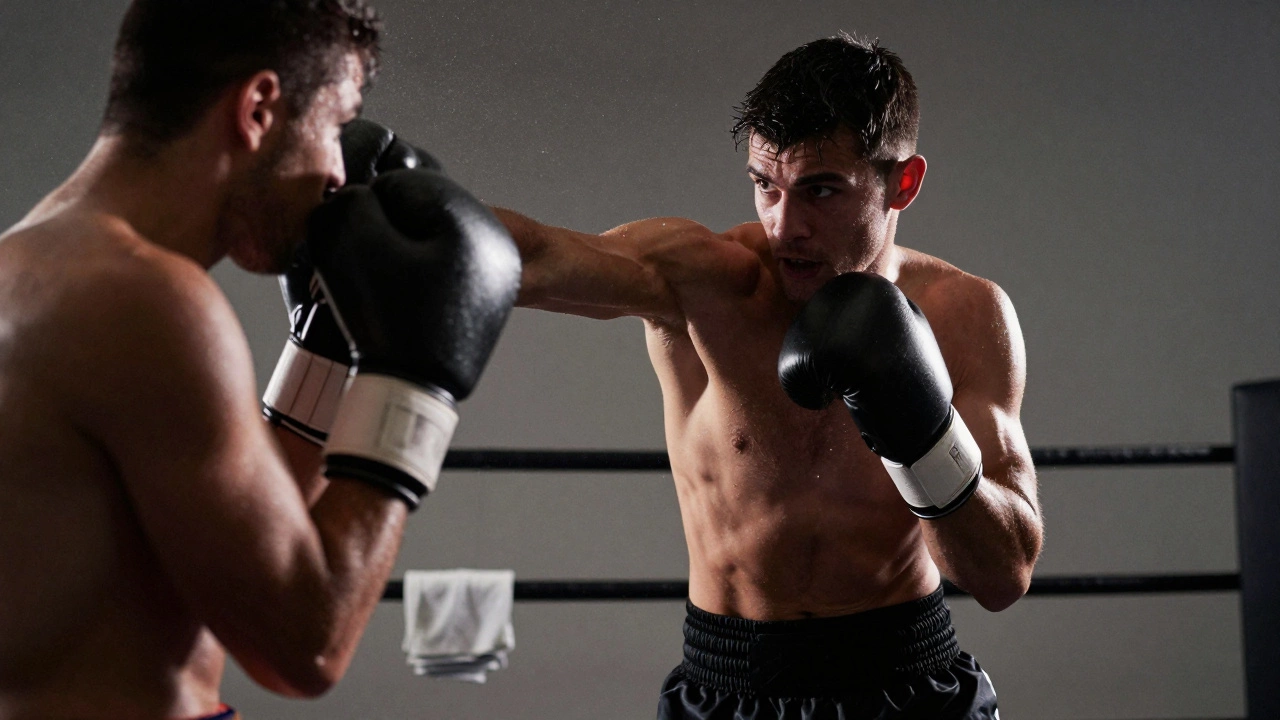 Боксер наносит точный удар, демонстрируя уверенность и скорость в самообороне.