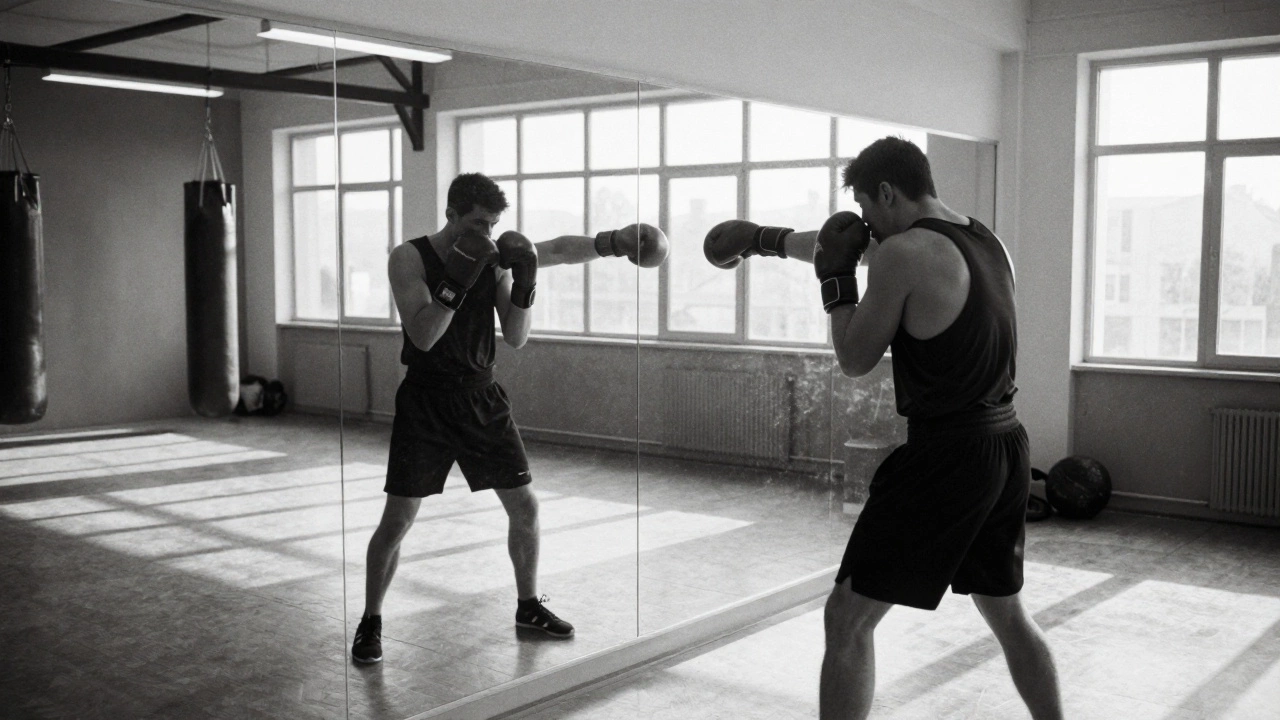 Боксер отрабатывает технику теневой борьбы перед зеркалом в зале