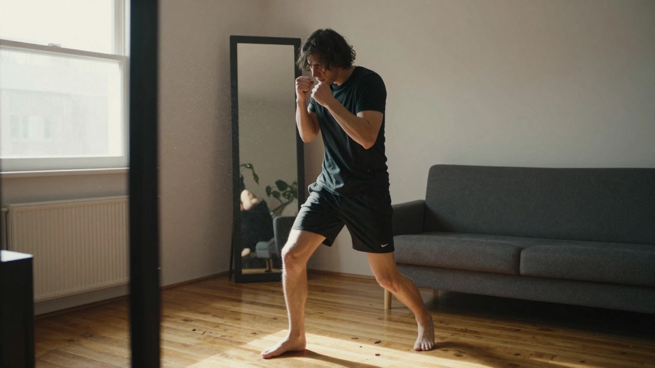 Человек занимается теневым боксом дома перед зеркалом, без снаряжения, в уютной обстановке.