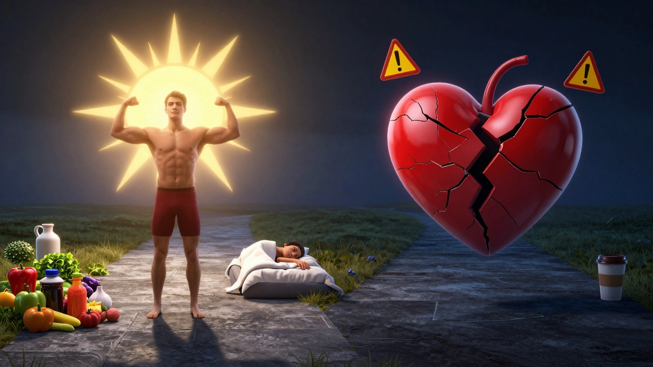 Две дороги: одно сердце здоровое и сияющее, другое — треснувшее от перетренированности.