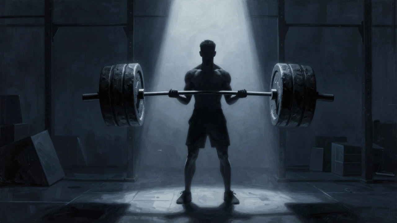 Фигура в темном зале держит тяжелый шест из камня