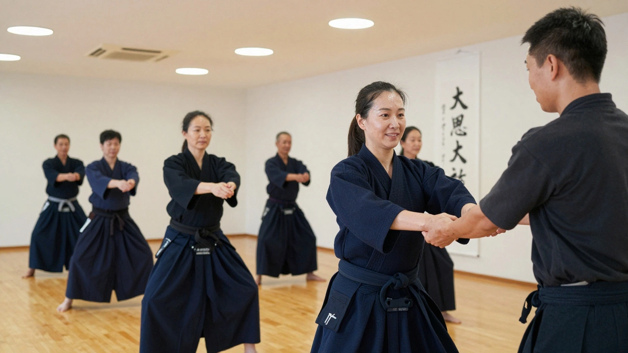 Группа взрослых занимается каратэ в додзё, медленно и осознанно, без конфликта, только движение и сосредоточенность.