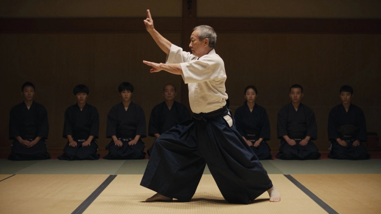 Пожилой мужчина выполняет технику Оки-цудзи с идеальным балансом, молодые ученики наблюдают с восхищением.