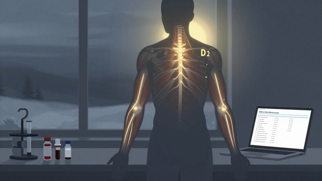 Силуэт человека с нарушением потока кислорода в мышцах и слабым солнечным светом, указывающим на дефицит витаминов.