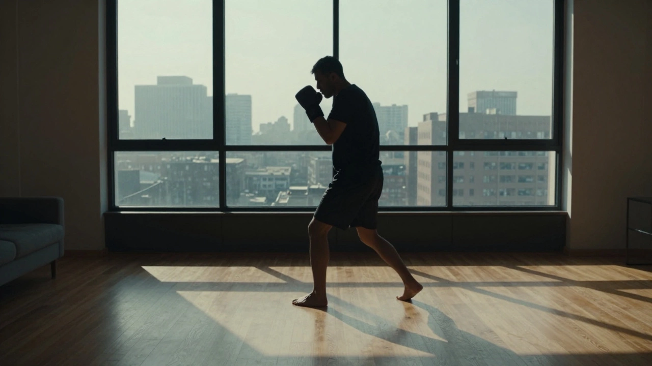 Силуэт спортсмена во время домашней тренировки движений утром.