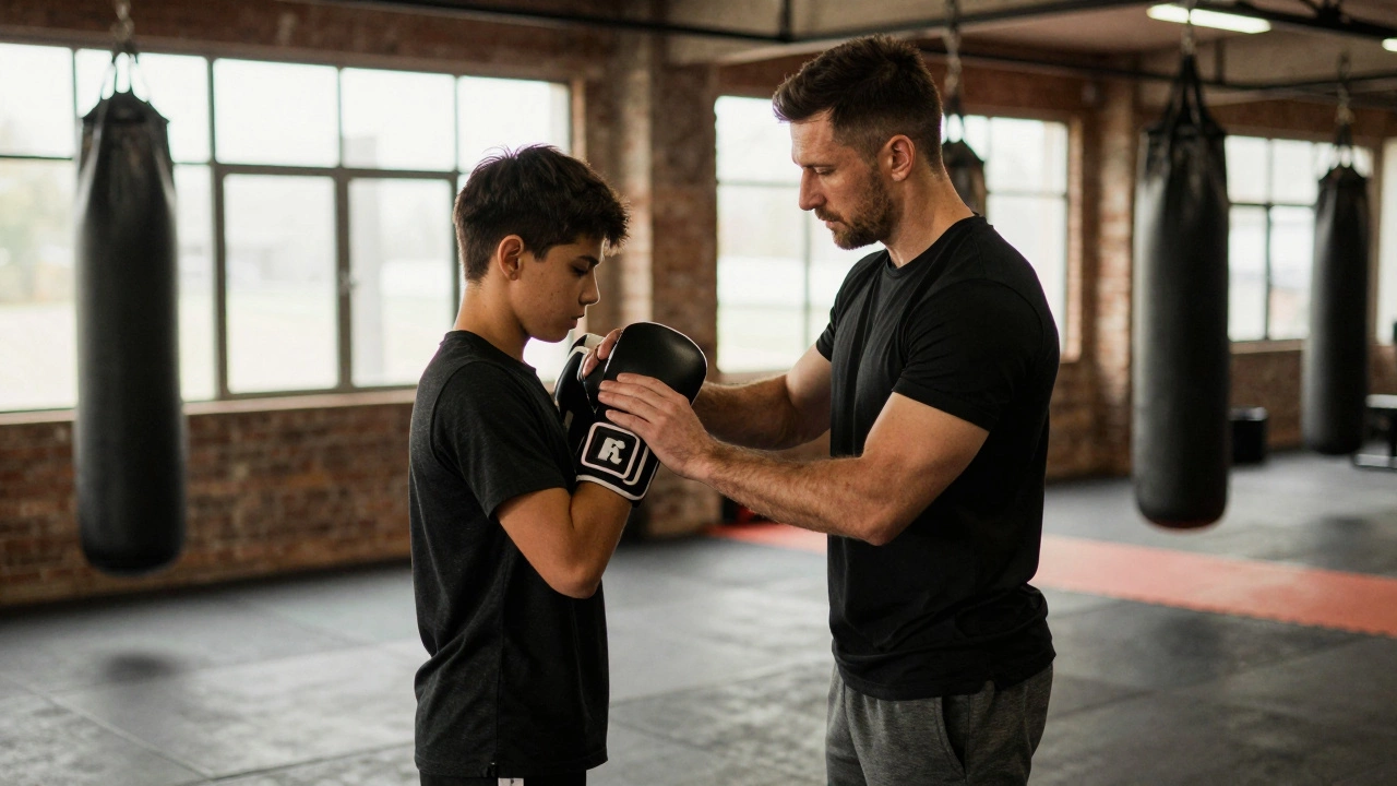 Тренер показывает технику защиты руками начинающему боксеру.