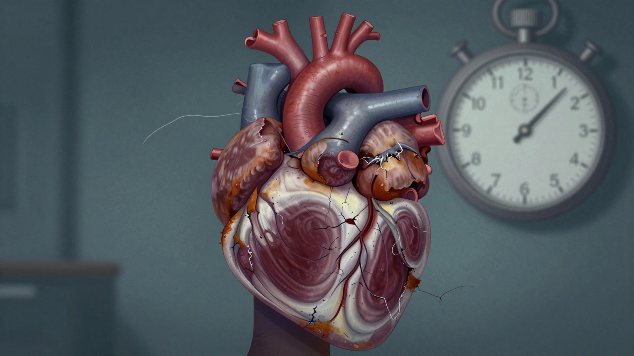 Утолщенное сердце с рубцовой тканью, символизирующее перетренированность