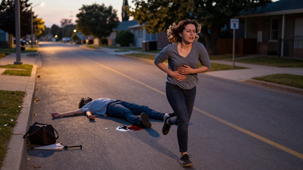 Женщина бежит от поверженного нападающего, лежащего на земле с кровоподтеком на бедре.