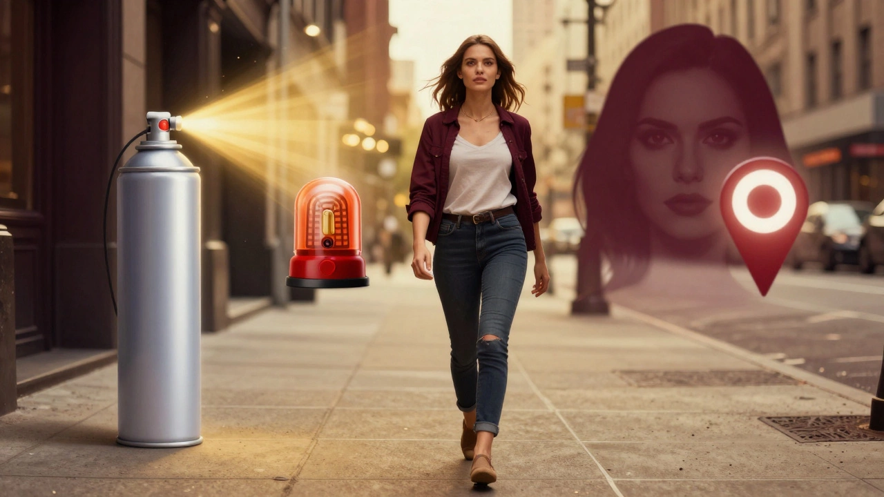 Женщина идет по улице, вокруг нее — символы защиты: сигнализация, перцовый баллончик, GPS-метка.