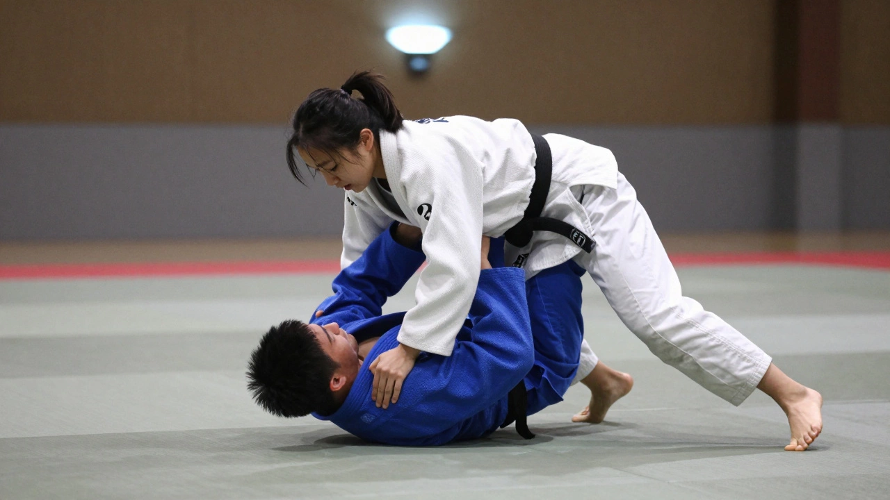 Женщина сбрасывает крупного мужчину с помощью дзюдо, используя его вес против него.