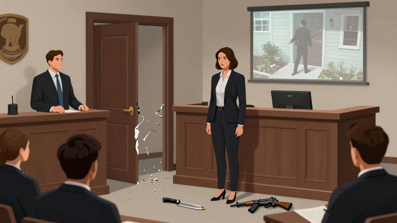 Женщина в суде, рядом с адвокатом, на экране — кадр из камеры наблюдения взлома дома.