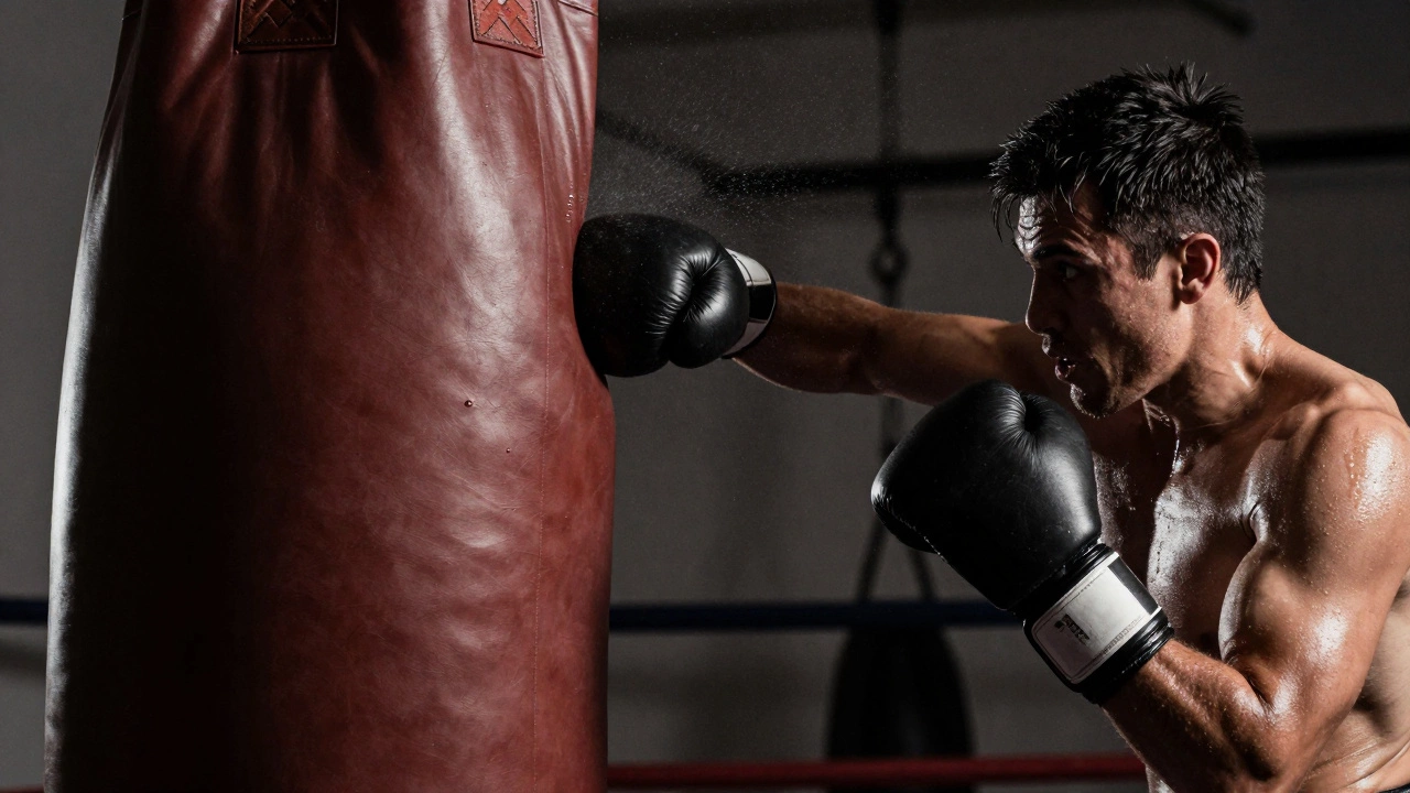 Боксер наносит мощный взрывной удар по тяжелому боксерскому мешку