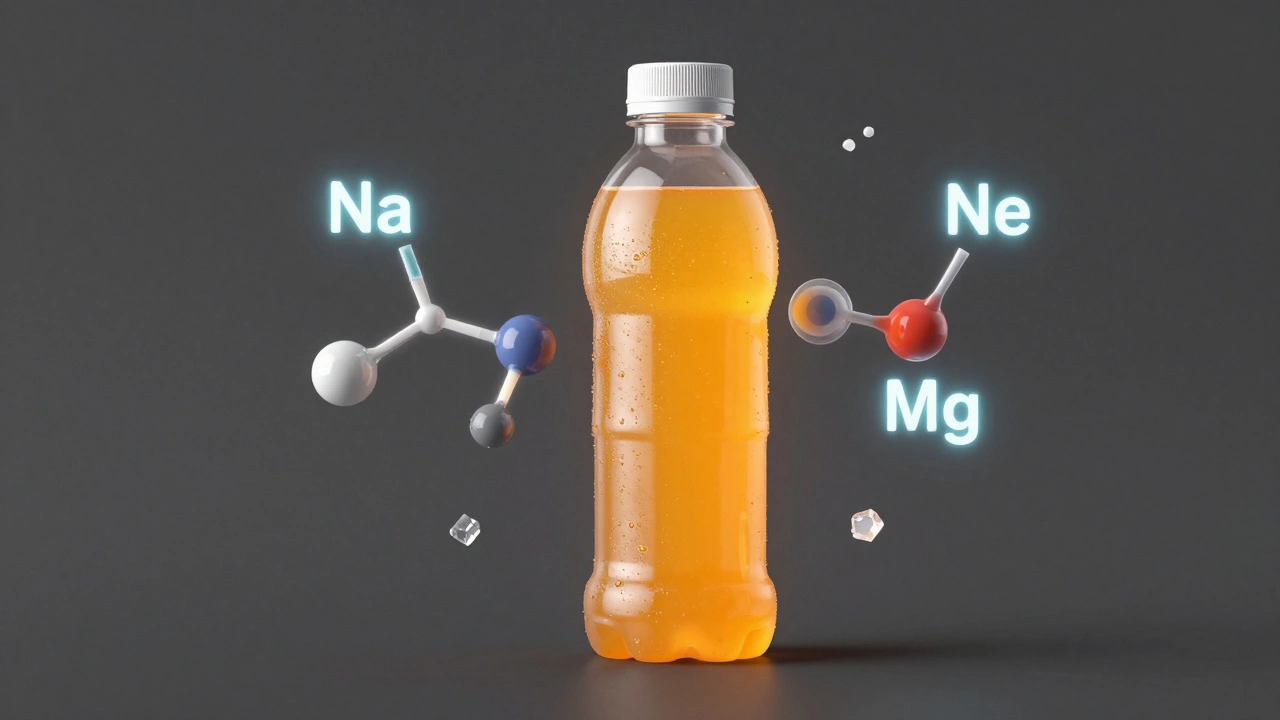 Бутылка изотоника в окружении иконок электролитов и углеводов