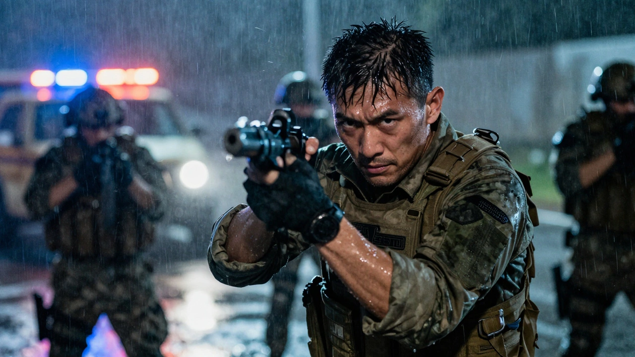 Изнуренный солдат спецназа отрабатывает удар в условиях сильного стресса и дождя.