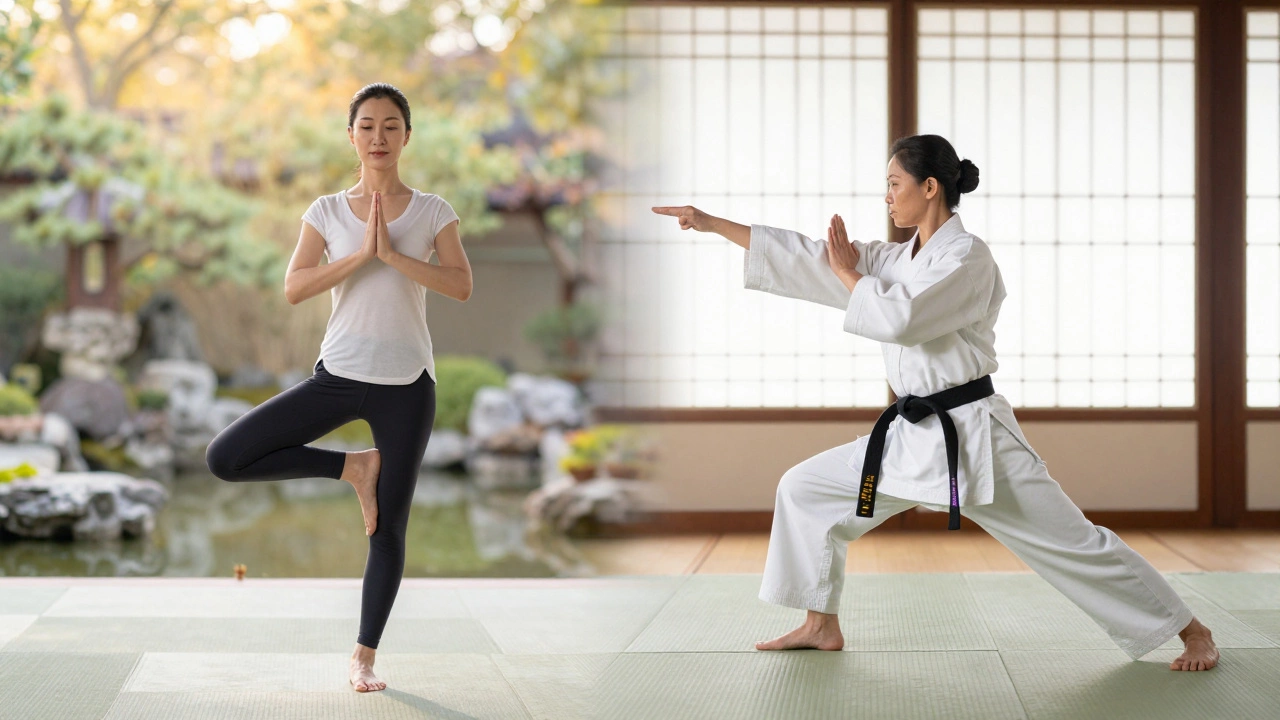 Коллаж: женщина занимается йогой и боевыми искусствами