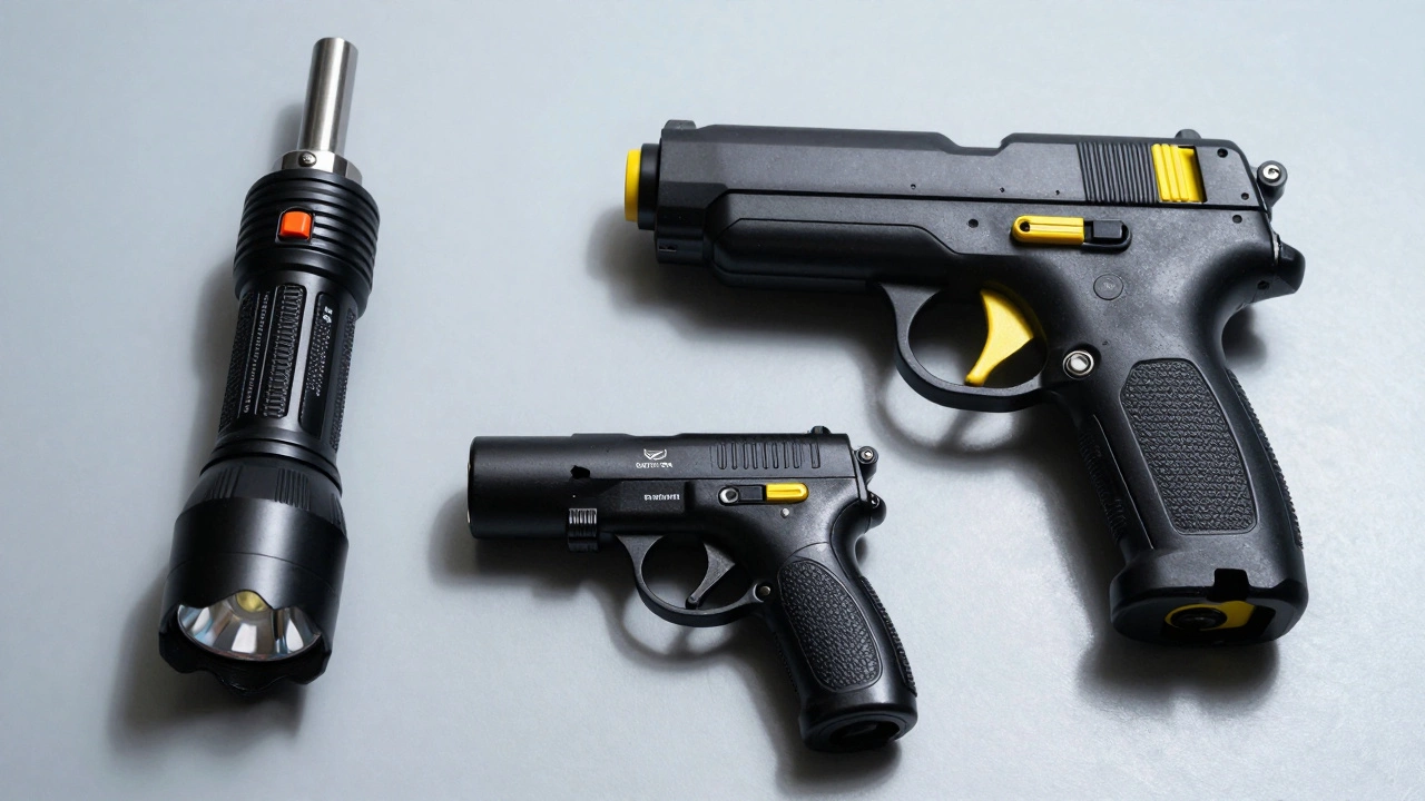 Набор средств самообороны: газовый баллончик, электрошокер и тактический фонарь.