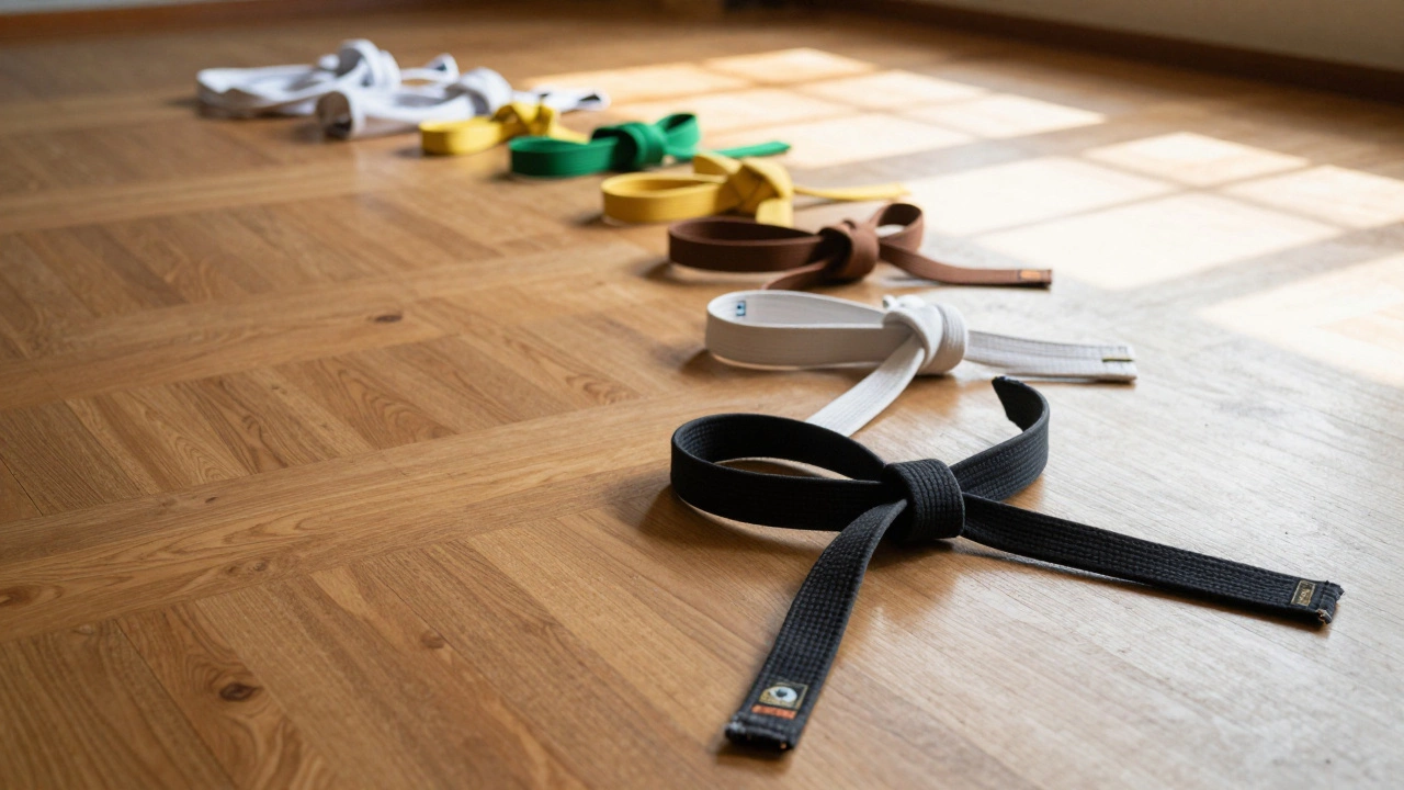 Пояса разных цветов от белого до черного, символизирующие путь развития в дзюдо