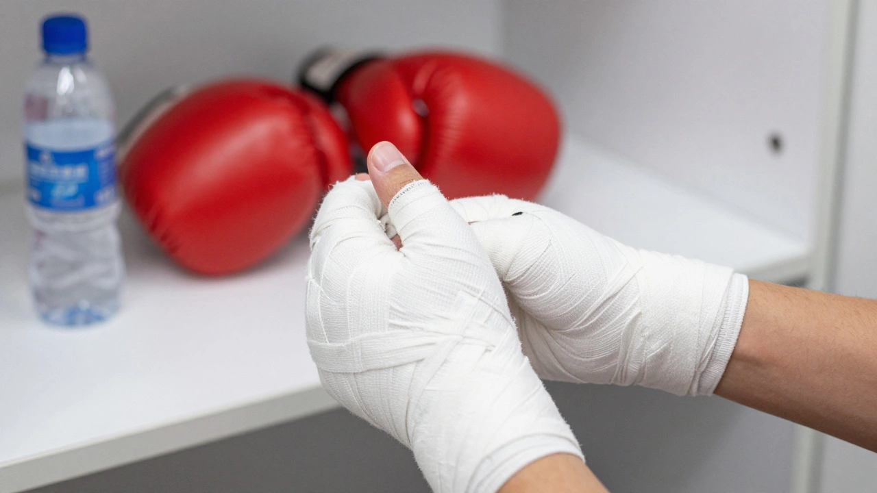 Процесс наматывания боксерских бинтов на кисть руки