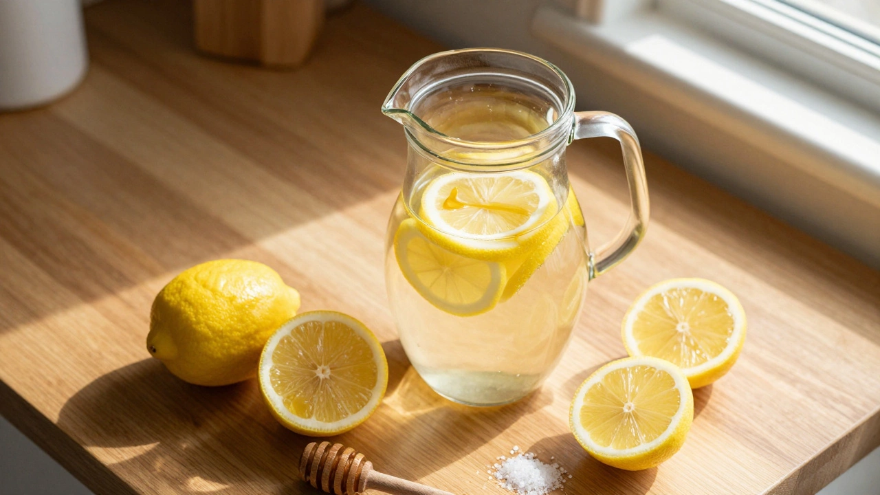 Процесс приготовления домашнего изотоника с лимоном, медом и солью