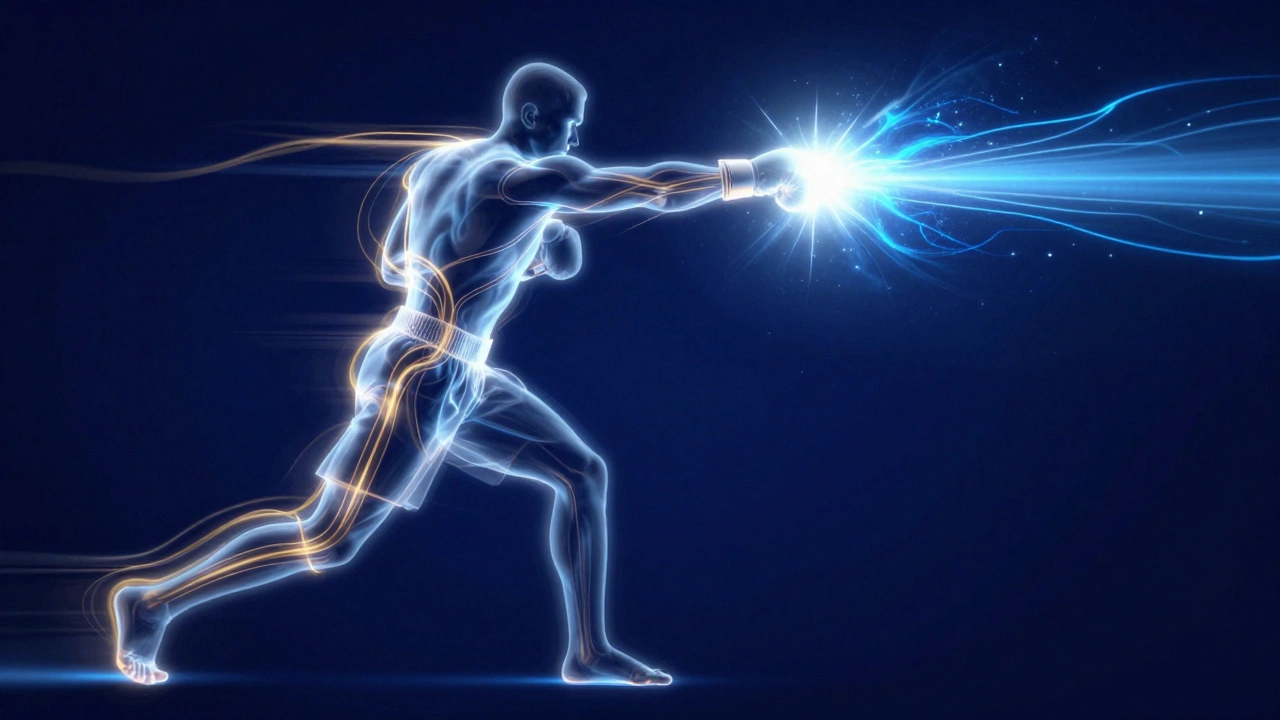 Схематичное изображение передачи энергии от ног к кулаку боксера