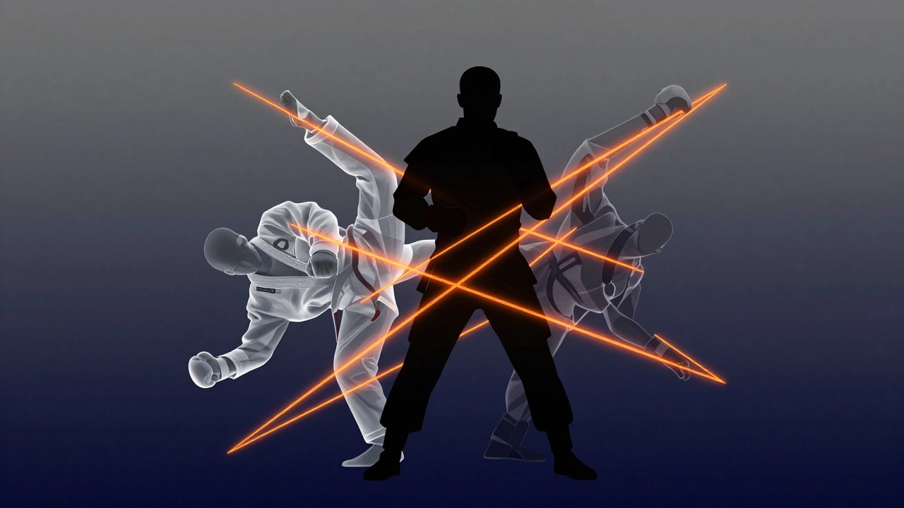 Схематичное изображение солдата, объединяющего техники джиу-джитсу, муай-тай и бокса.