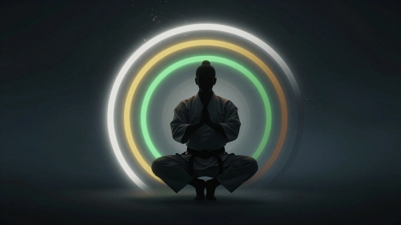 Силуэт мастера боевых искусств в окружении светящихся цветных поясов